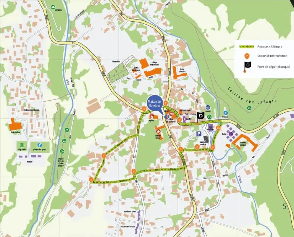 Plan du village d'Arette avec le Parcours Séisme et ses 10 stations